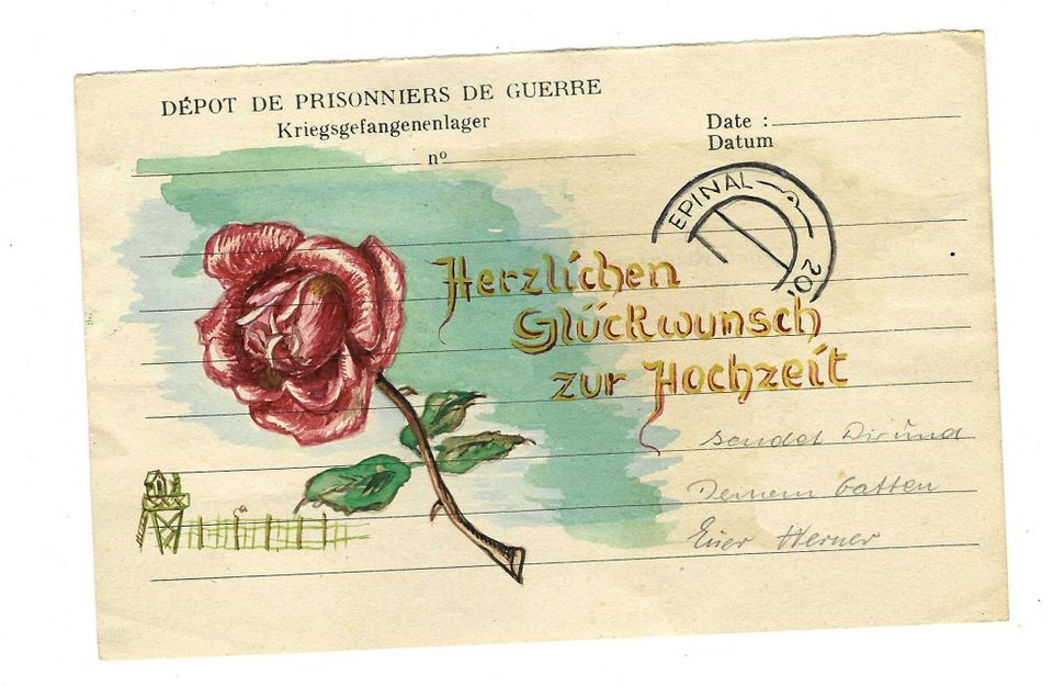 Rare Hochzeits-Grusskarte a.d.Gefangenenlager in Epinal nach Köln in Köln