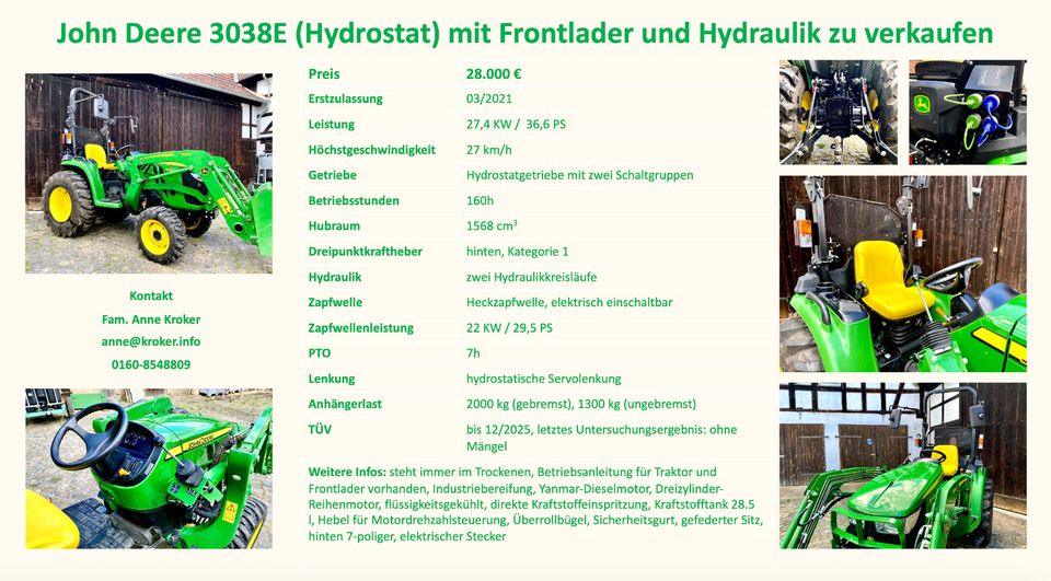 John Deere 3038E (Hydrostat) mit Frontlader und Hydraulik in Bürgel