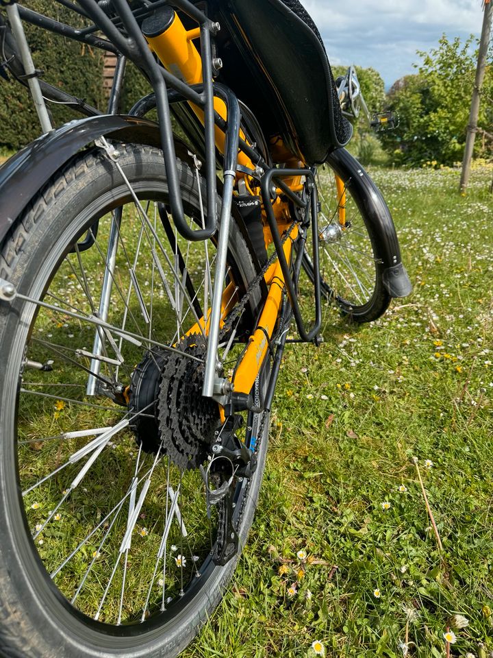 Liegerad Nazca Pioneer mit E-Antrieb gelb Liegefahrrad in Alfter