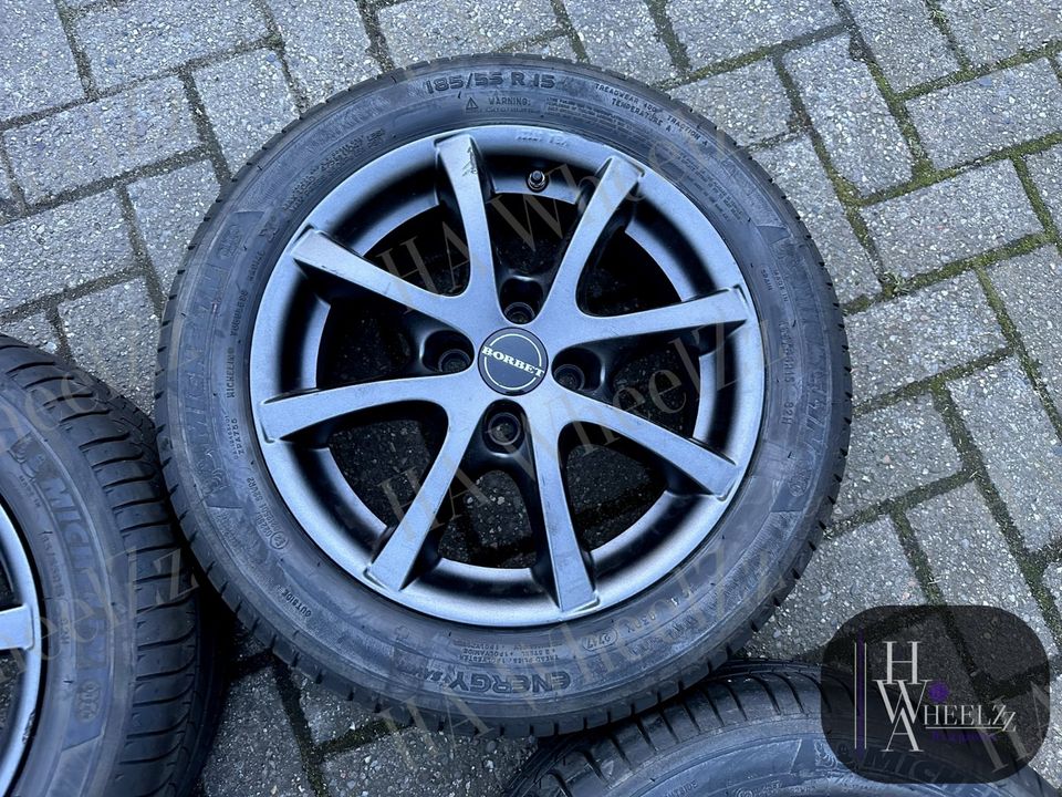 BORBET Alufelgen grau Sommerräder 4x100 ➡️ 185/55 R15 MICHELIN Sommerreifen ➡️ Hyundai Accent Getz i10 Kia Picanto JA Nissan Micra K12 K13 ➡️ Sommer Reifen Felgen ET35 in Bünde