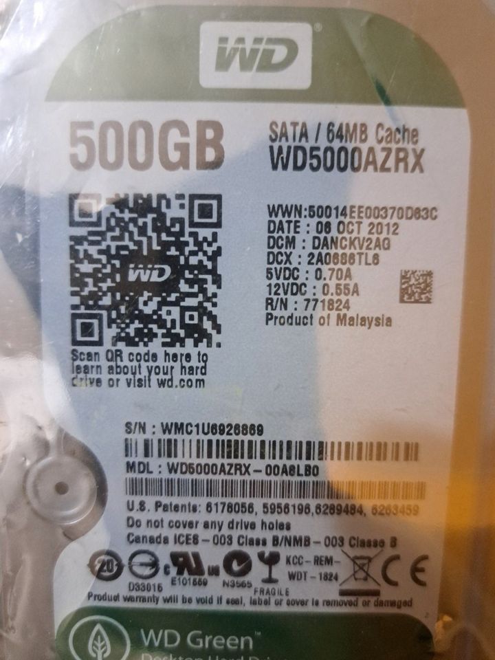 3,5" Zoll Festplatte Western Digital 500GB WD5003ABYX, WD5000AZRX in Flörsheim am Main