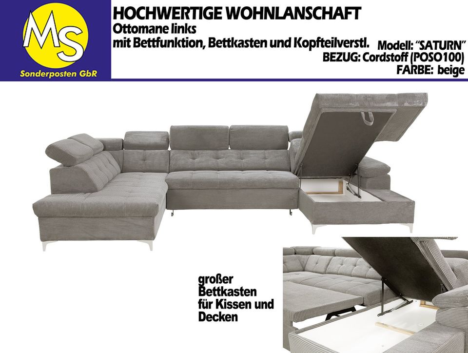 Sofa Couch Wohnlandschaft U Form Bettfunktion-Bettkasten Cord bei in Mettingen