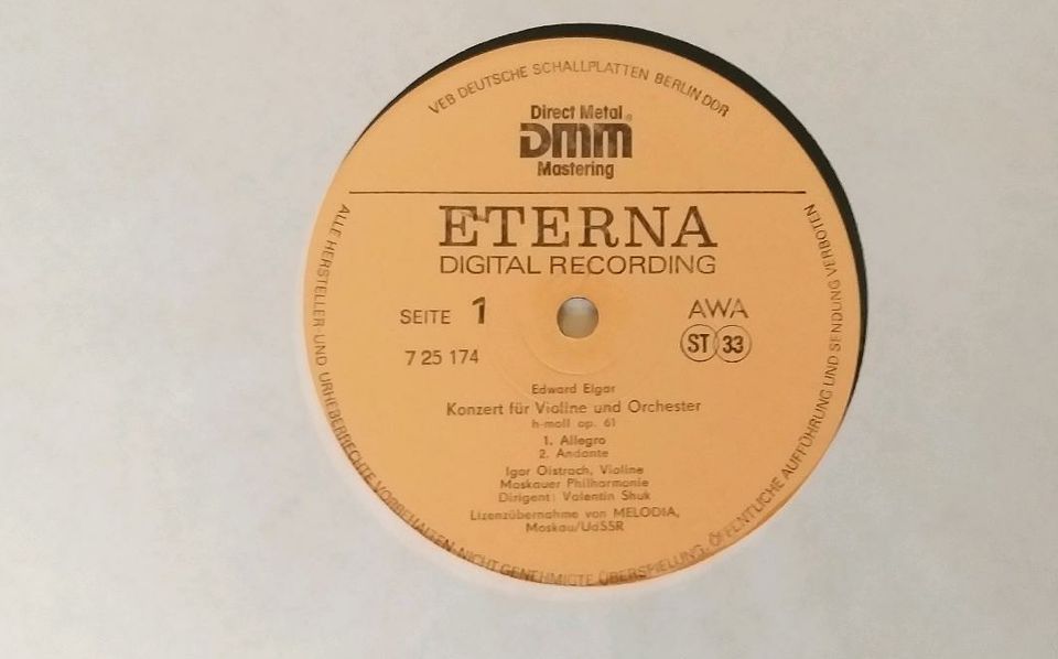 SCHALLPLATTE LP: Edward Elgar , Violinkonzert op.61 / I. Oistrach in Dresden