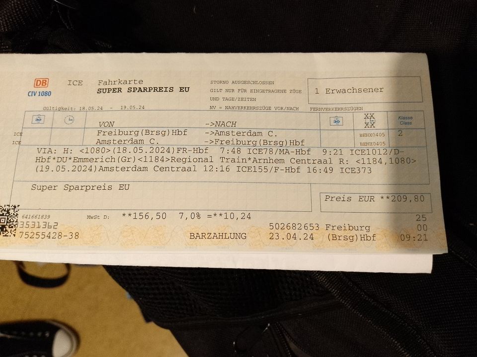 Intercity Express Fahrkarte Freiburg - Amsterdam 18.05.24 in Freiburg im Breisgau