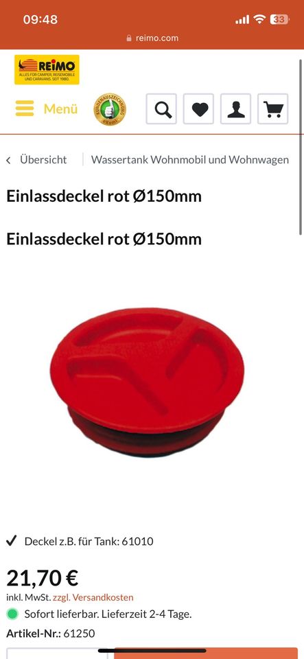 NEU Reimo Einlassdeckel rot ø 150mm Deckel Wassertank Wohnmobil in Berlin