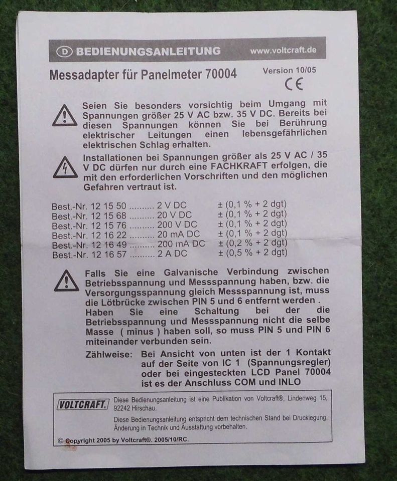 VOLTCRAFT Messadapter für Panelmeter 70004, 20V DC NEU in Schönebeck (Elbe)