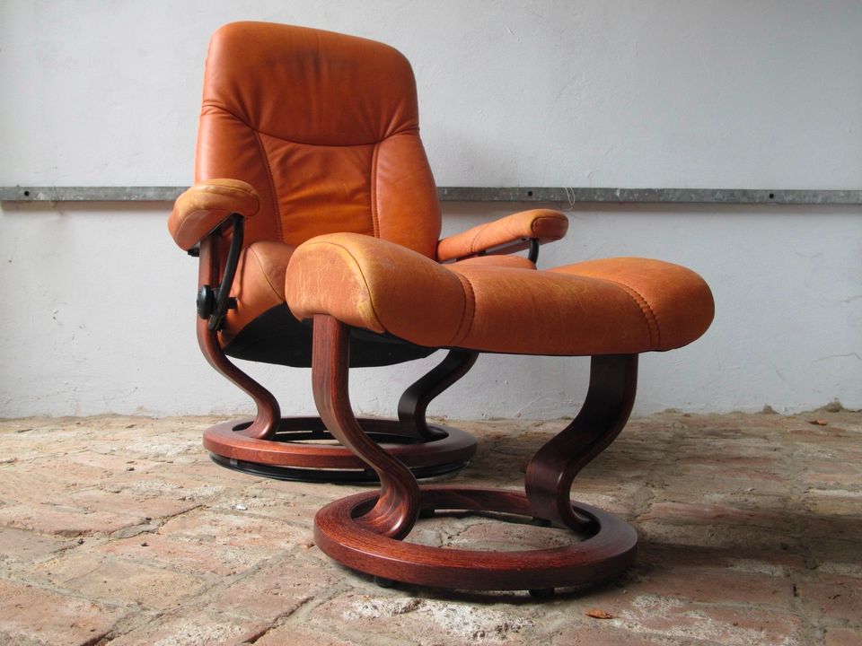 LOUNGE CHAIR LEDERSESSEL COGNAC STRESSLESS EKORNES VINTAGE in Diez