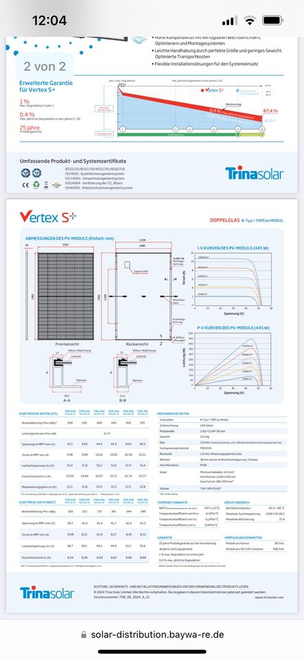 Photovoltaik Doppelglas Module Trina Vertex S+ TSM-455 NEG9R.28 in Weißdorf