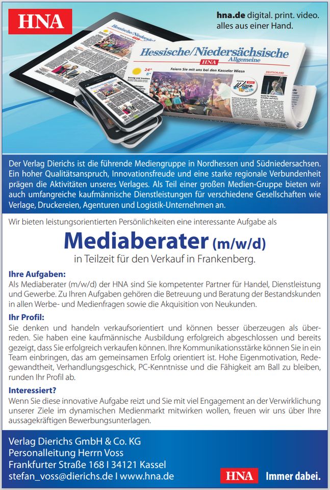 Mediaberater (m/w/d) in Teilzeit für den Verkauf in Frankenberg in Frankenberg (Eder)