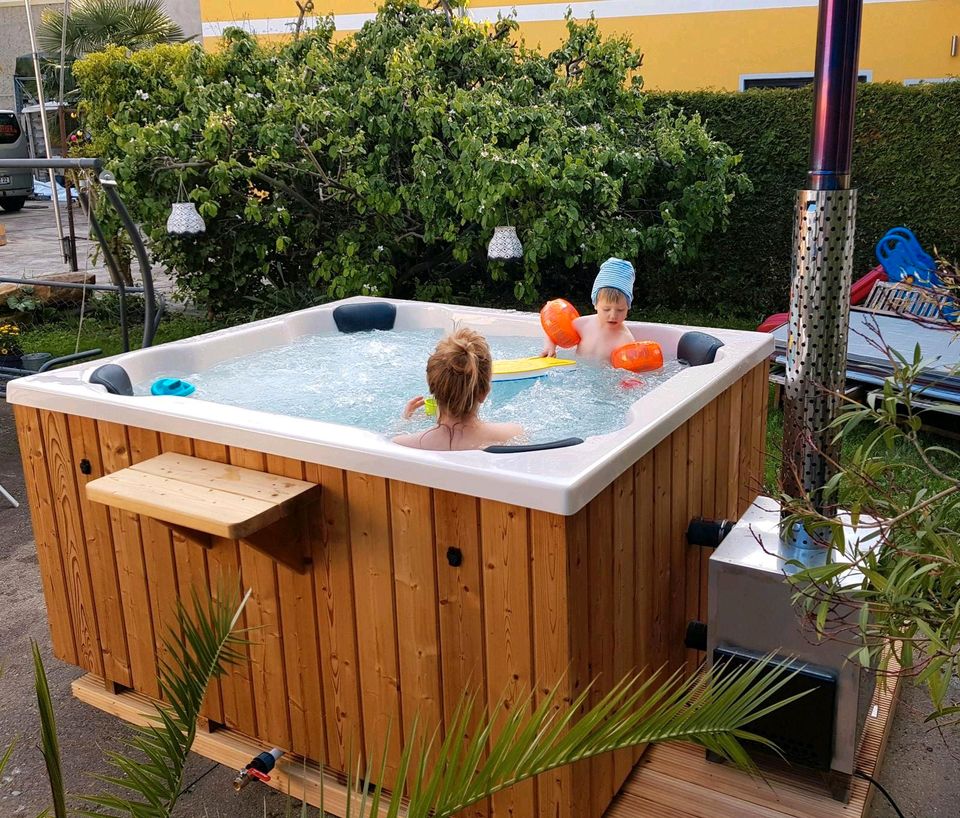 Badezuber mit Holzofen Pool Whirlpool Hot Tub Badefass Viereckig Zuber Fasssauna Tauchbecken Sauna Quattro Badebottich Badebecken GFK Einsatz Tube Hottub Pot Fass Außen Outdoor Schwimmbecken Acryl in Erfurt