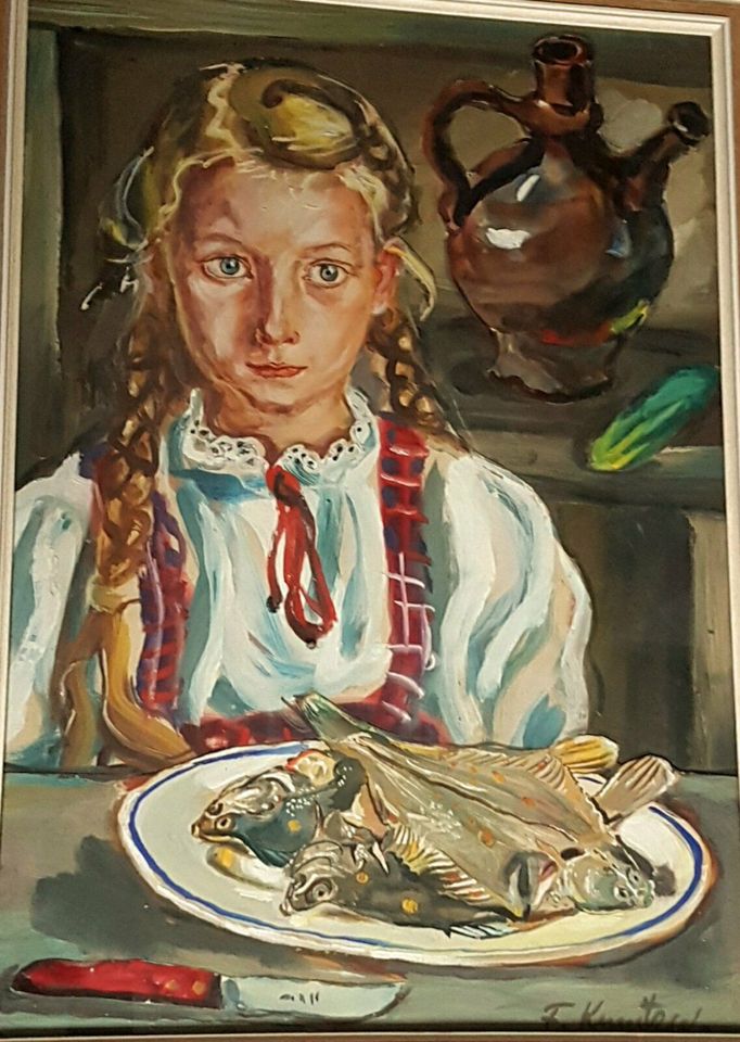 Gemälde Mädchen Fisch Tempera Vegan Vegetarier Contemporary Art in Nürnberg (Mittelfr)
