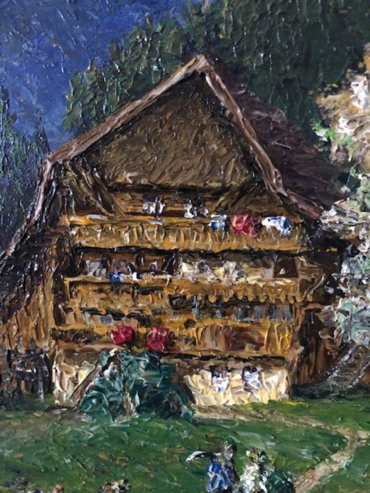 Gemälde W.H. Unger Schwarzwaldhaus, Hühner in Zeuthen