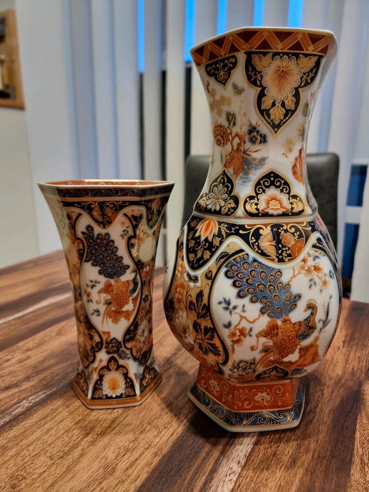 3x Kaiser Yokohama Design Porzellan Set Vase Teller Pfau Kobalt in Hoppegarten