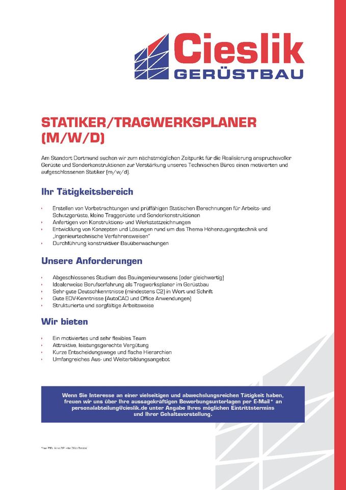 Statiker Tragwerkplaner (m/w/d) gesucht in Dortmund