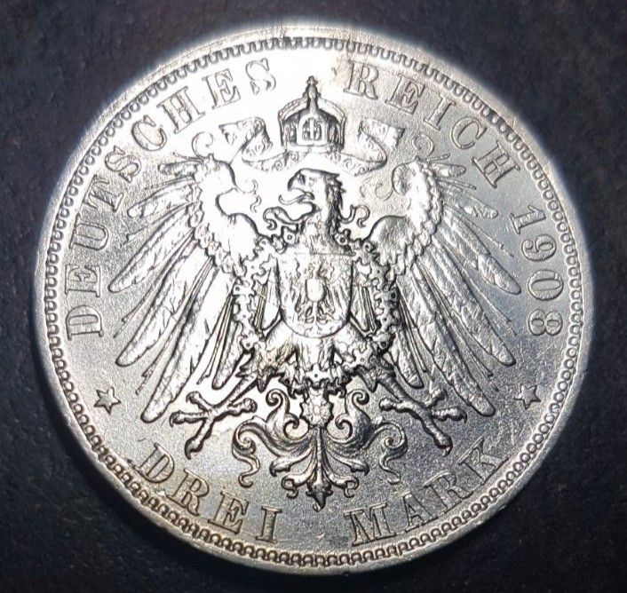 3 DREI MARK Deutsches Reich WILHELM II KÖNIG WUERTTEMBERG 1908 F in Bielefeld