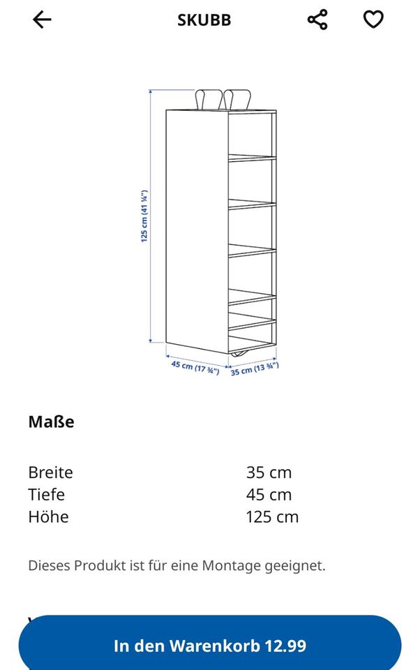 Skubb Aufbewahrung 35x45x125 cm mit 6 Fächern - IKEA - weiß in Hövelhof