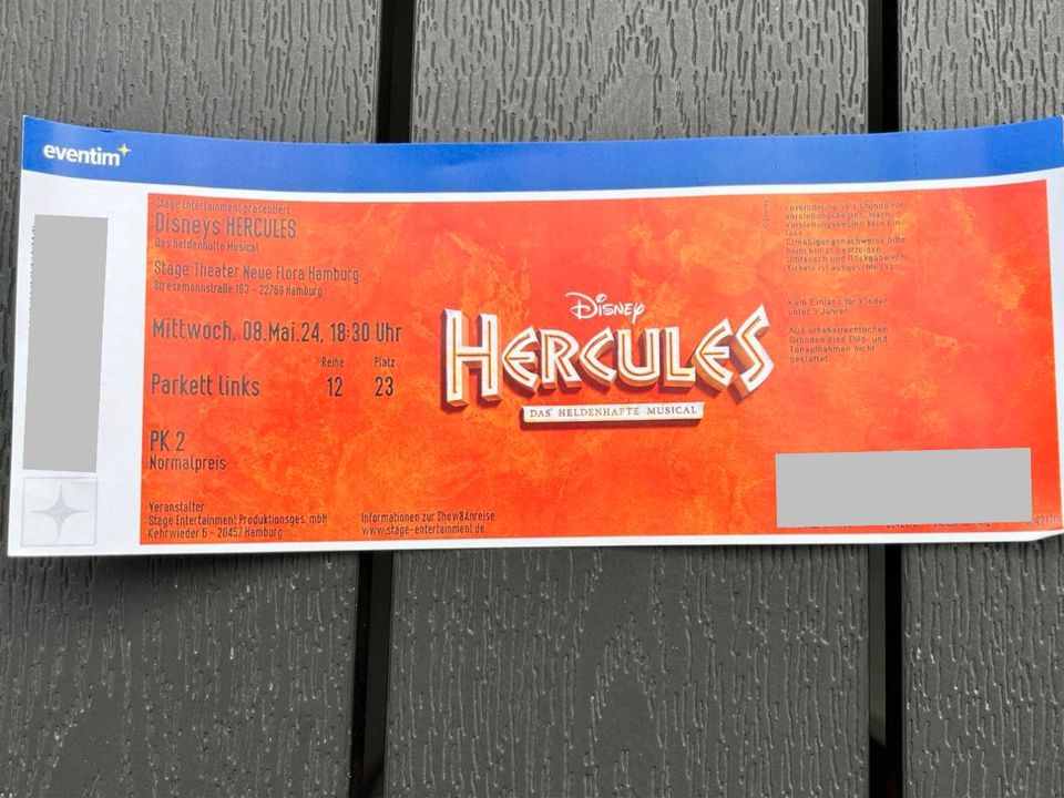 2x Tickets HERCULES Musical, Mi. 08.05.24 um 18:30 Uhr, Reihe 12 in Reinfeld