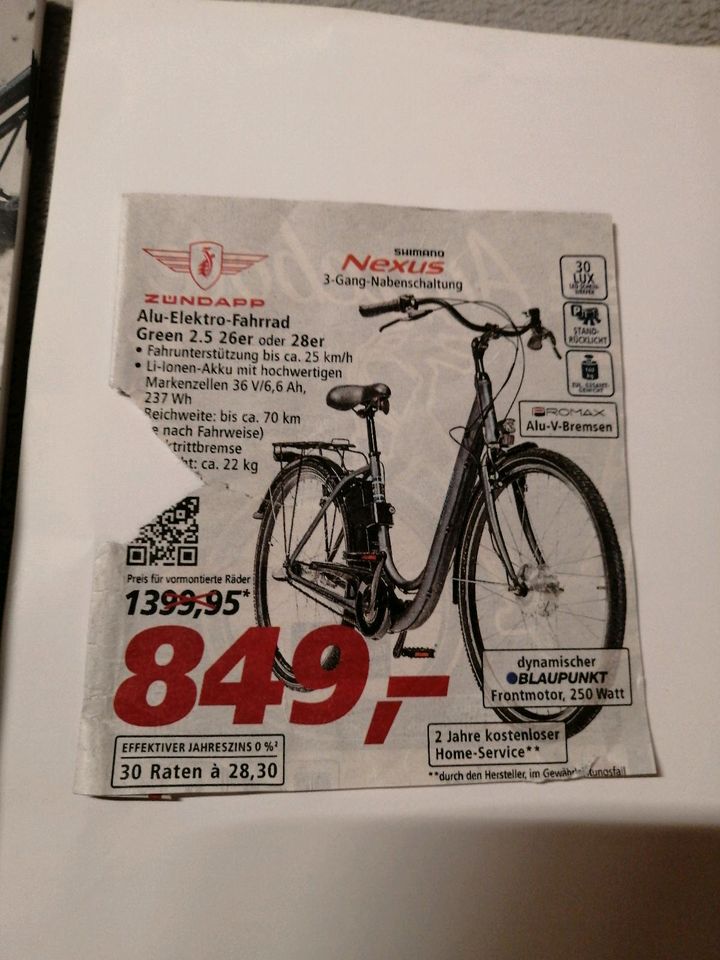 Damen Elektro Fahrrad Marke Zündapp 26er in 97222 Rimpar in Rimpar