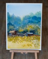 Aquarell Bild selbstgemalt Maße 23x31 *Haus Wiese Feld Sommer Rostock - Evershagen Vorschau