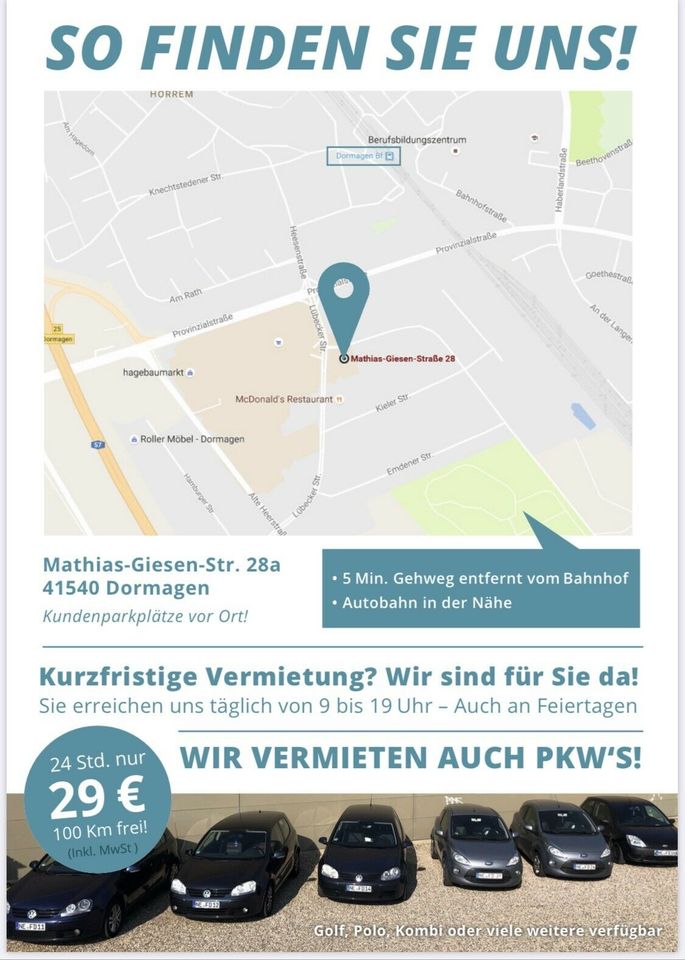 Ab 29€ Pkw mieten Vermietung Autovermietung Verleih in Dormagen