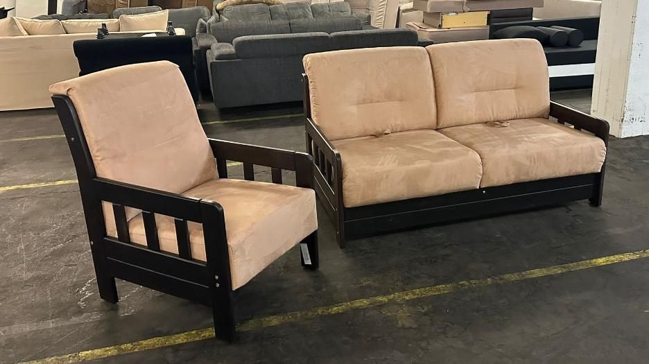 Sofa Set Sessel Schlaffunktion Massivholz Beige in Bielefeld