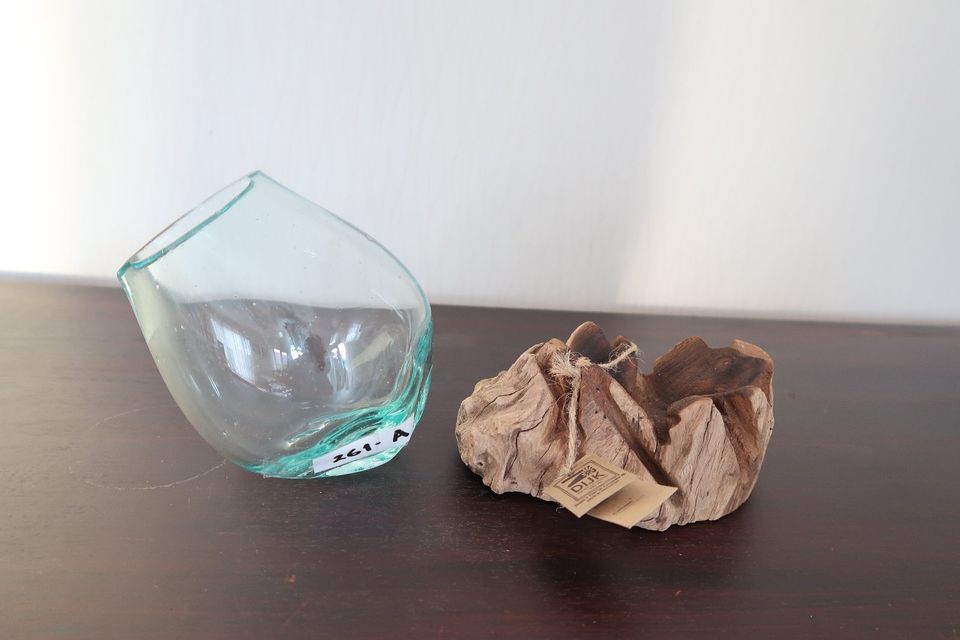 Neu Unikat geschmolzenes Glas Wurzelholz Handarbeit Vase Sukkulen in Jena