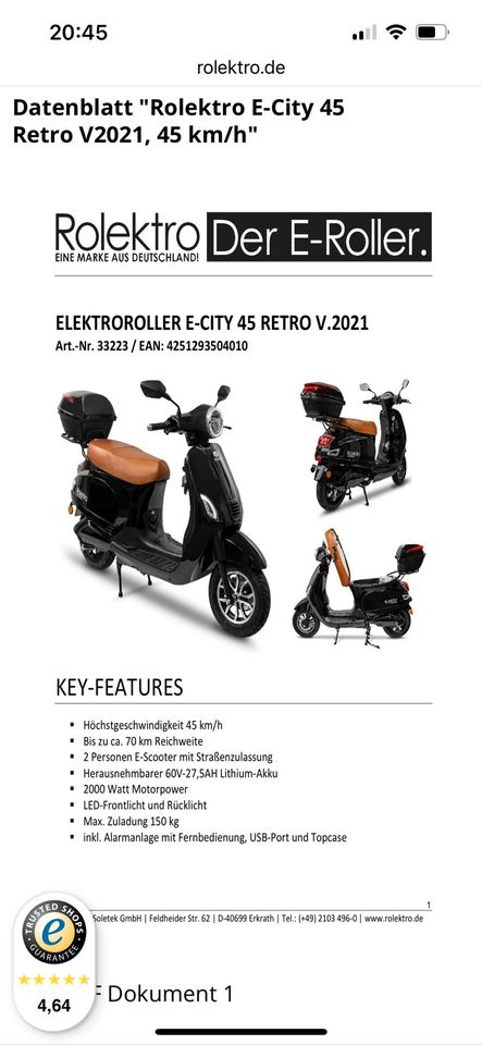 Rolektro E-City 45 Retro Elektroroller in Hessen - Birstein | Motorroller &  Scooter gebraucht | eBay Kleinanzeigen ist jetzt Kleinanzeigen