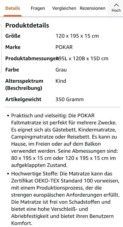 Reisematratze POKAR Matratze 120-195-15 faltbar nur 2 x benutzt in Chemnitz