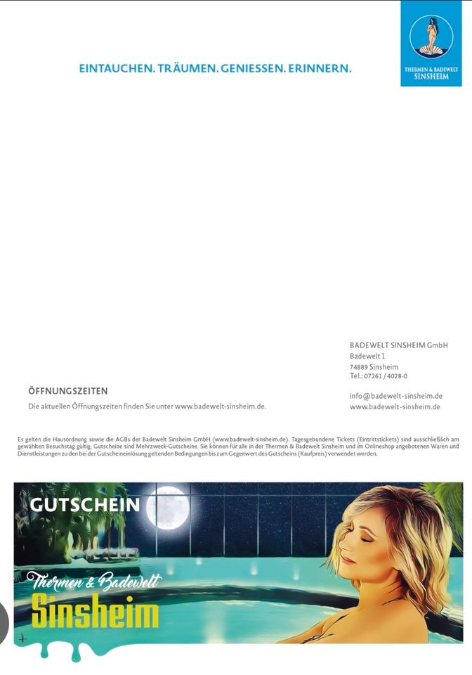 200 € Gutschein / Wertgutschein Therme & Badewelt Sinsheim in Diez