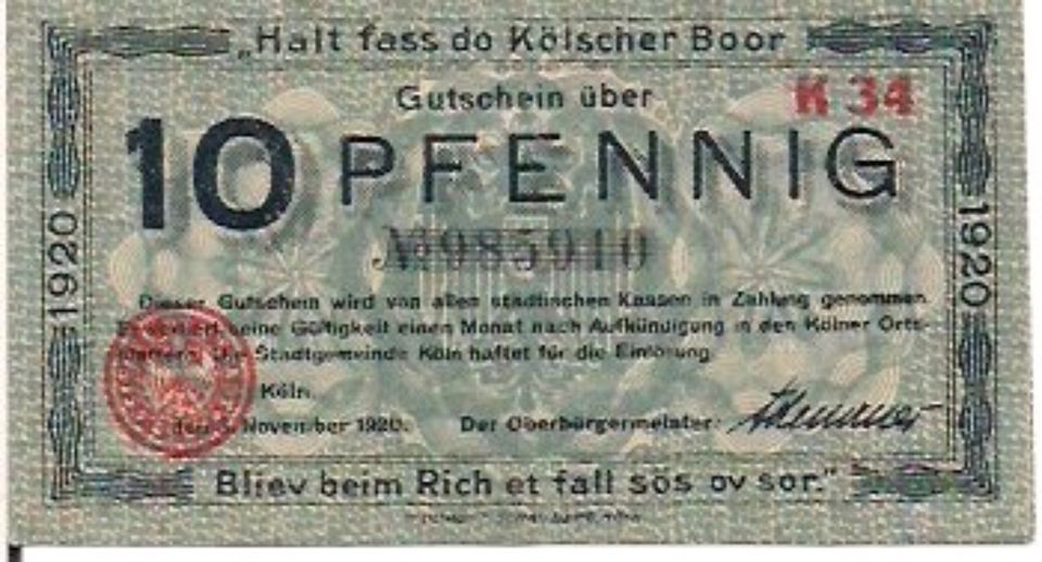 Notgeld Stadt Köln Gutschein über 10 Pfennig 1920 in Bochum