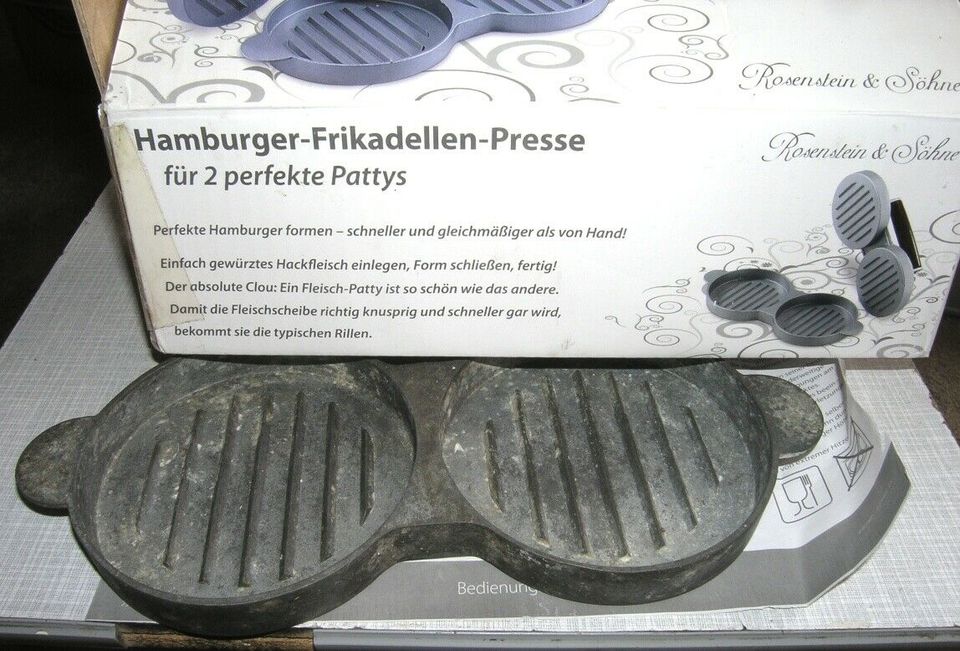 Hamburger patty maker Presse Aluminium Grill Rillen Holzgriff geb in Ditzingen