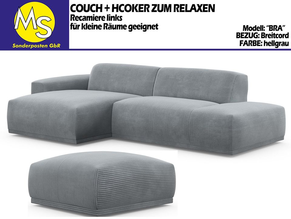 Sofa Couch Wohnlandschaft L-Form + Hocker Breitcord hellgrau in Mettingen