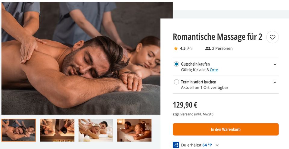 Gutschein: Romantische Massage für 2 (€129,90,- Jochen Schweizer) in Bremen