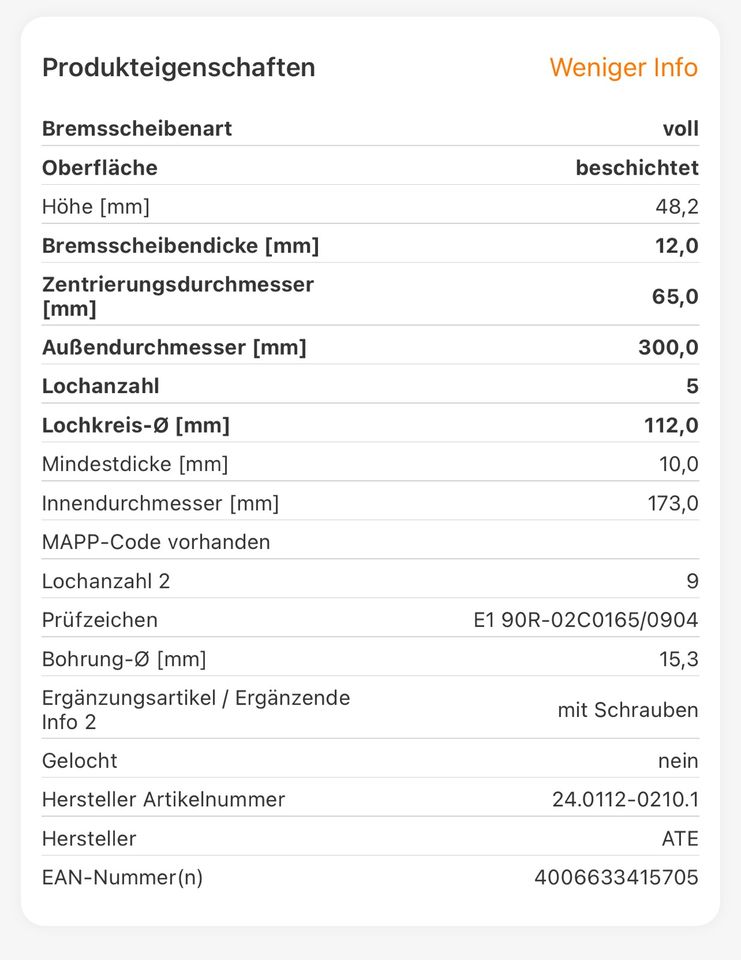 ATE Bremsscheiben voll/beschichtet in Oberursel (Taunus)