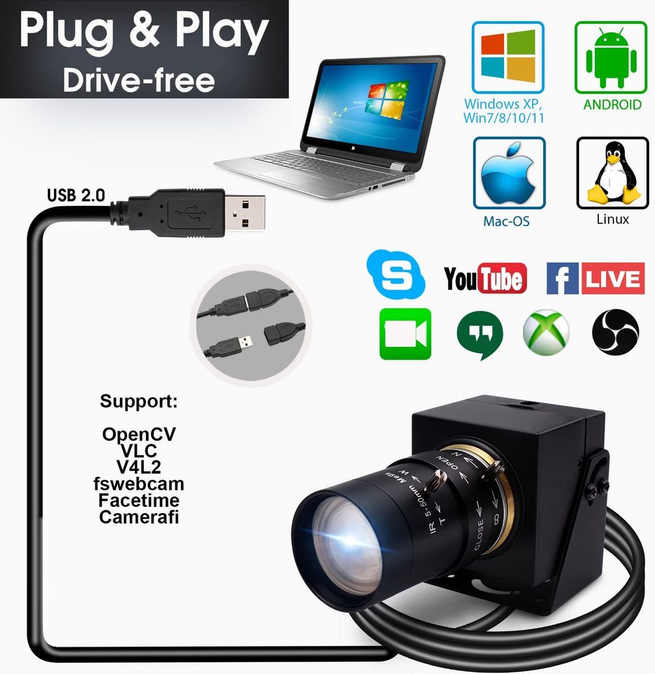 8MP USB Kamera Manueller Fokus Webcam mit Varifokus 5-50mm CS Mou in Trier