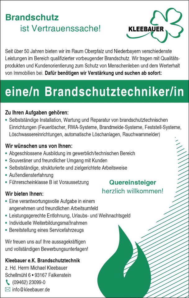 Brandschutz Brandschutztechniker Mitarbeiter Job in Falkenstein