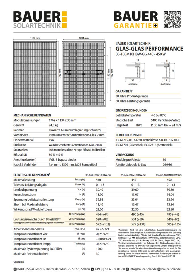 Bauer GLAS-GLAS Performance 445Wp Brandklasse A TOPCon in Markt Indersdorf