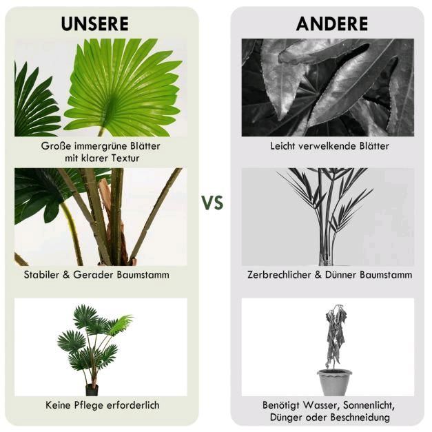120cm hohe künstliche Fächerpalme mi Zement-Topf in Taura