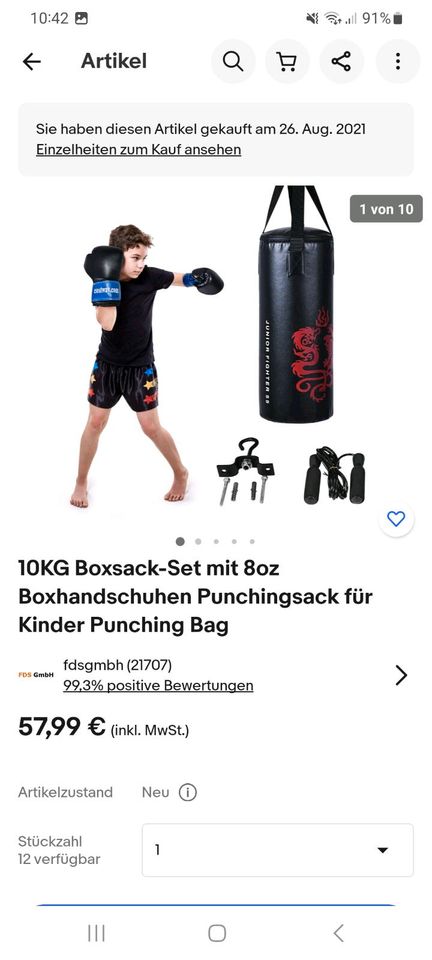 10 kg Boxsack + 8oz Boxhandschuhe Punchingsack für Kinder in Viersen