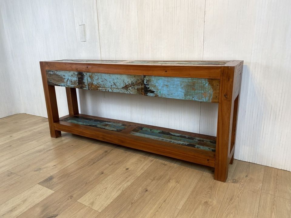 Boatwood by WMK #  Schöne & sehr schmale Konsole mit 3 Schubaden, ein aus altem Bootsholz handgefertigtes Unikat aus massivem Teakholz # Kommode Sideboard Garderobe Flurkommode Ablage Industrial Teak in Berlin