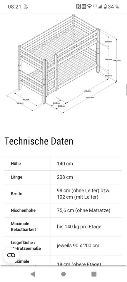Stockbett Massiv Holz/ Echtholz NP 1000€  90x200 cm in Bad Tölz