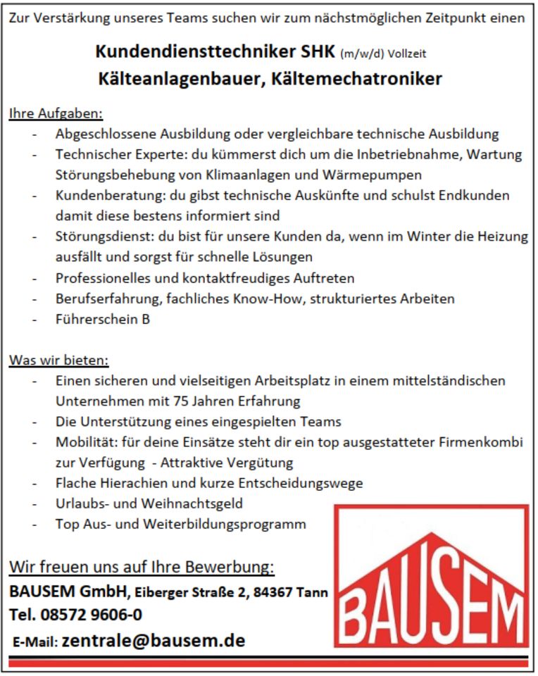 Kundendiensttechniker SHK (m/w/d) Kälteanlagenbauer, Kältemechatr in Zeilarn