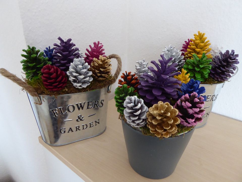 Blumentopf mit bunten Kiefernzapfen Handarbeit in Vellmar