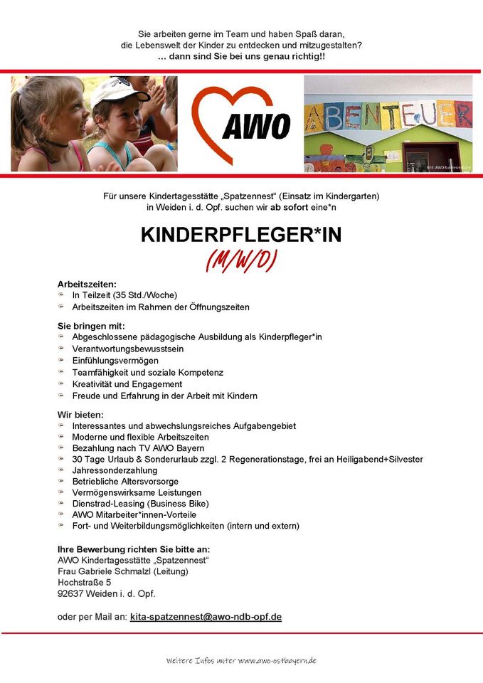 Kinderpfleger*in (m/w/d) - AWO Kindergarten "Spatzennest" Weiden in Weiden (Oberpfalz)