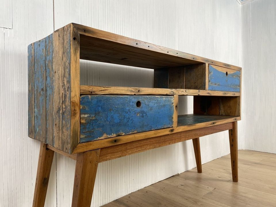 Boatwood by WMK # Besondere Konsole aus altem Bootsholz mit Schubladen, ein handgefertigtes Unikat aus massivem Teakholz # Kommode Sideboard Schrank Garderobe Ablage Flurkommode Industrial Upcycling in Berlin