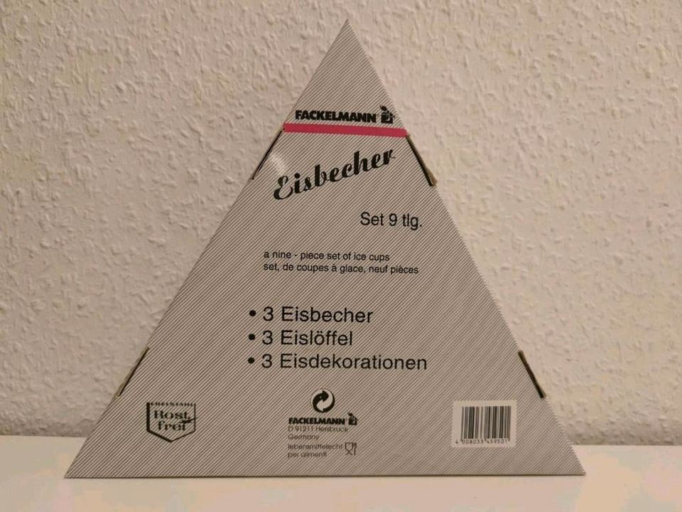Neu, 2 x Fackelmann 3 Eisbecher Edelstahl mit Löffel + Schirmchen in Schöneberg i. Westerwald