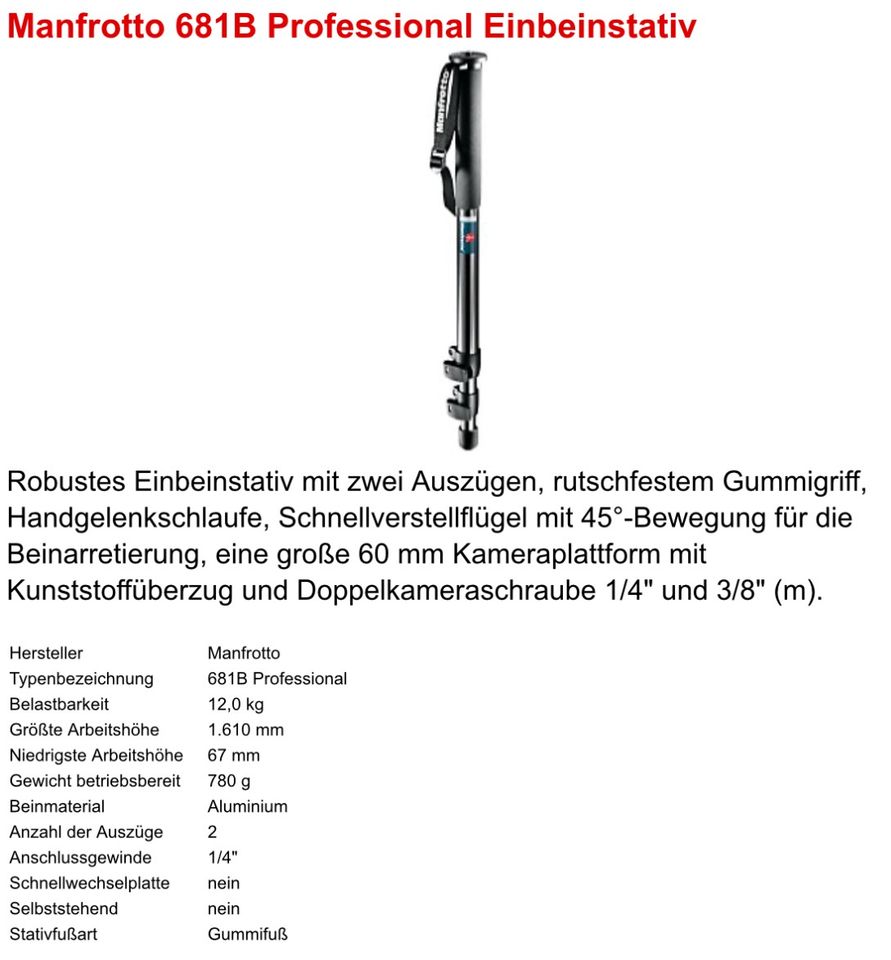 Manfrotto 681B Professional Einbeinstativ in Hamburg