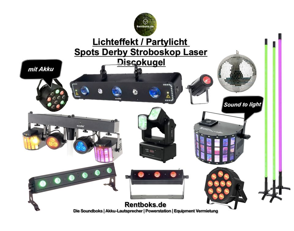 Ledlicht Derby Partylicht Stroboskop Spots Discokugel Verleih Mieten Lichteffekt/ Discolicht Partylicht / Derby / Strobo, Nebelmaschinen, UV-Licht, LED Floorspots, LED Fluter Lichtbars Ape Soundboks 3 in Berlin