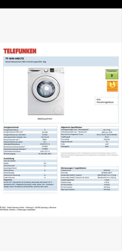 Waschmaschine Telefunken mit Garantie in Kranzberg