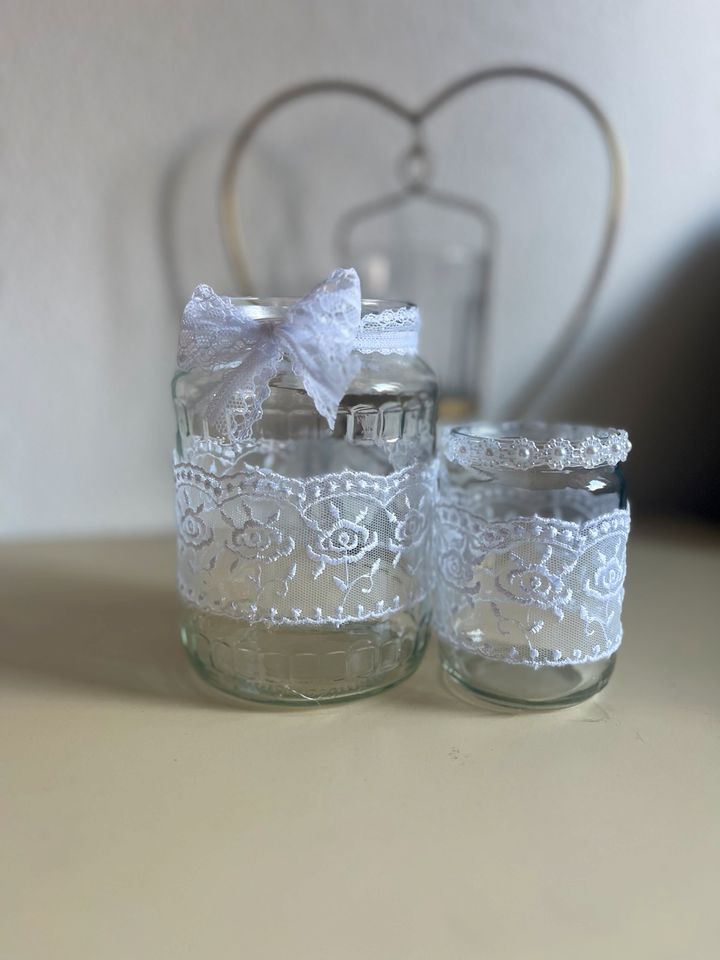 Vintage shabby Hochzeit Deko Boho Spitze Vase Set Teelicht in Wurmsham